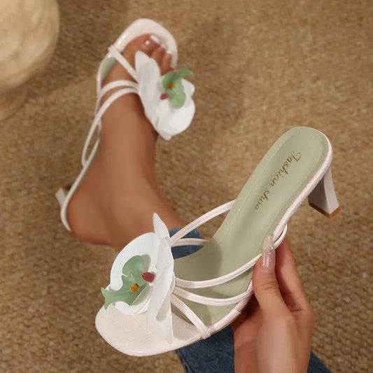 Chic Flower Heeled Slides